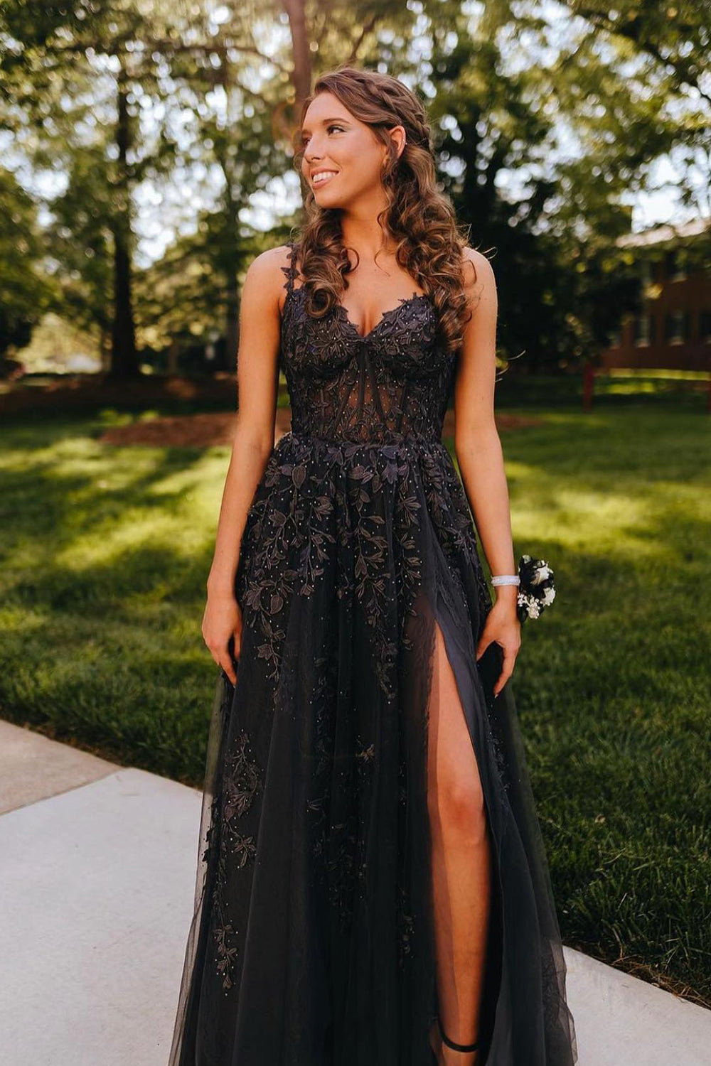 Black Off the Shoulder Corset Prom Dress with Appliques