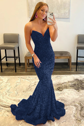 Sparkly Navy Sequins Mermaid Sweetheart Long Prom Dress