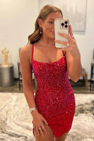 Load image into Gallery viewer, Fuchsia Sequins Lace-Up Tight Short Homecoming Dress