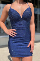 Load image into Gallery viewer, Sheath Spaghetti Straps Blue Short Homecoming Dress with Beading