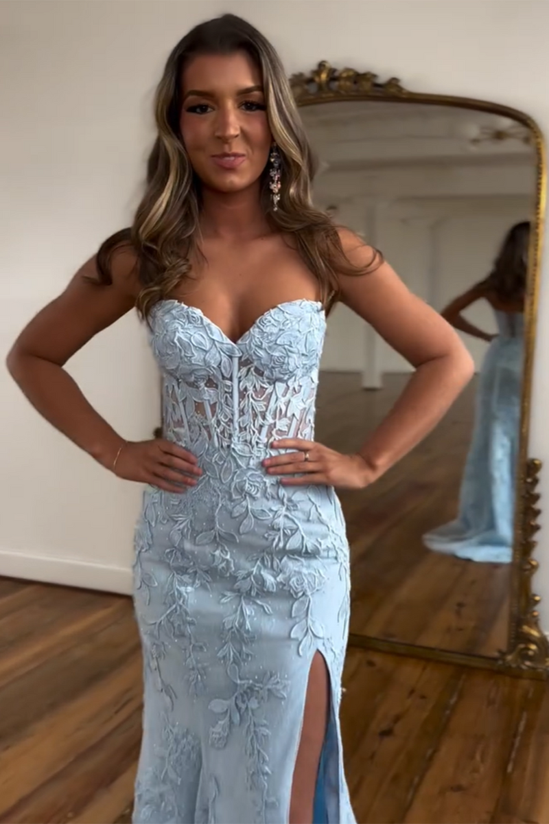 Load image into Gallery viewer, Light Blue Mermaid Sweetheart Appliqued Long Prom Dress with Slit