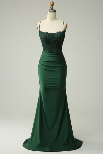 Dark Green Sparkly Backless Mermaid Long Prom Dress