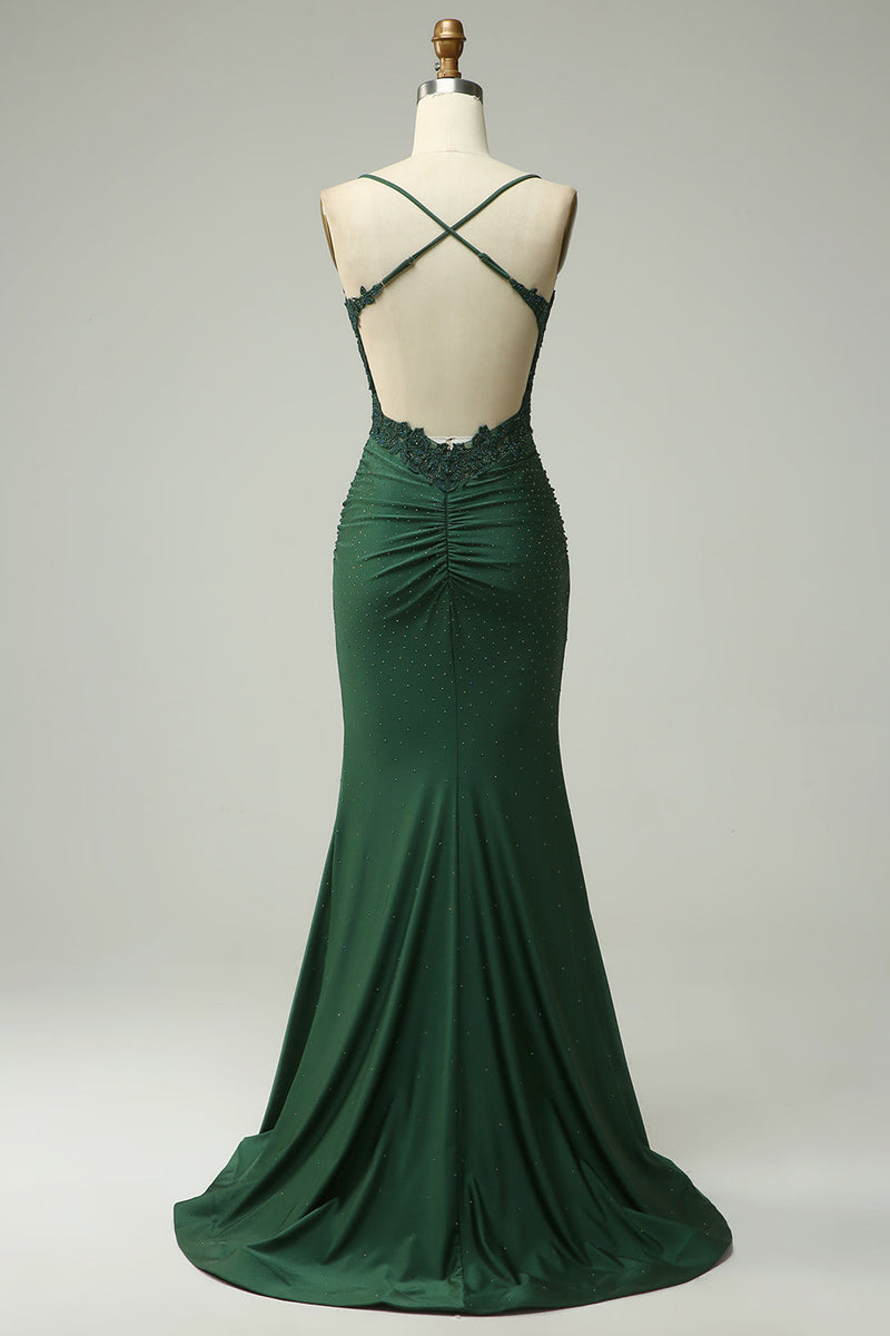 Load image into Gallery viewer, Dark Green Sparkly Backless Mermaid Long Prom Dress
