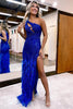 Load image into Gallery viewer, Mermaid One Shoulder Royal Blue Long Prom Dress with Feathers