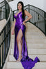 Load image into Gallery viewer, Dark Purple Corset Mermaid Long Satin Prom Dress with Slit