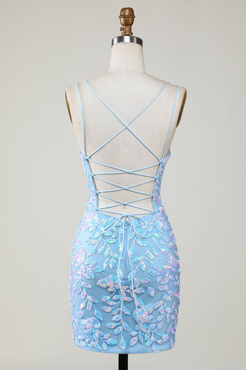 Sparkly Light Blue Spaghetti Straps Tight Short Hoco Dress with Lace