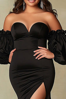 Black Satin Strapless Mermaid Plus Size Prom Dress with Slit