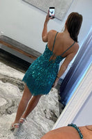 Load image into Gallery viewer, Sparkly Peacock Blue Beaded Tight Short Homecoming Dress with Fringes