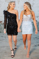 Load image into Gallery viewer, Sparkly Light Blue Spaghetti Straps Corset Homecoming Dress with Lace