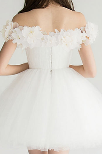 White Off The Shoulder A Line Tulle Short Graduation Dress with 3D Flowers