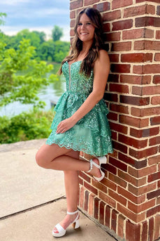 Sparkly Green A-Line Spaghetti Straps Tiered Tull Homecoming Dress