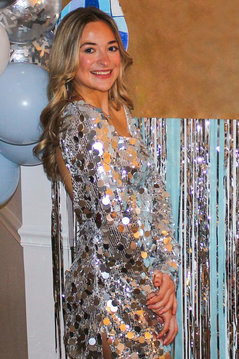 Load image into Gallery viewer, Silver Square Neck Mirror Homecoming Dress with Long Sleeves