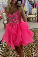 Load image into Gallery viewer, Sparkly Hot Pink Beaded A Line Short Homecoming Dress