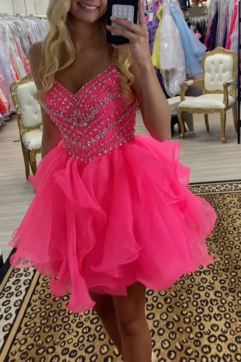 Load image into Gallery viewer, Sparkly Hot Pink Beaded A Line Short Homecoming Dress