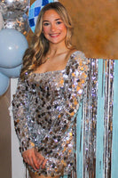 Load image into Gallery viewer, Silver Square Neck Mirror Homecoming Dress with Long Sleeves