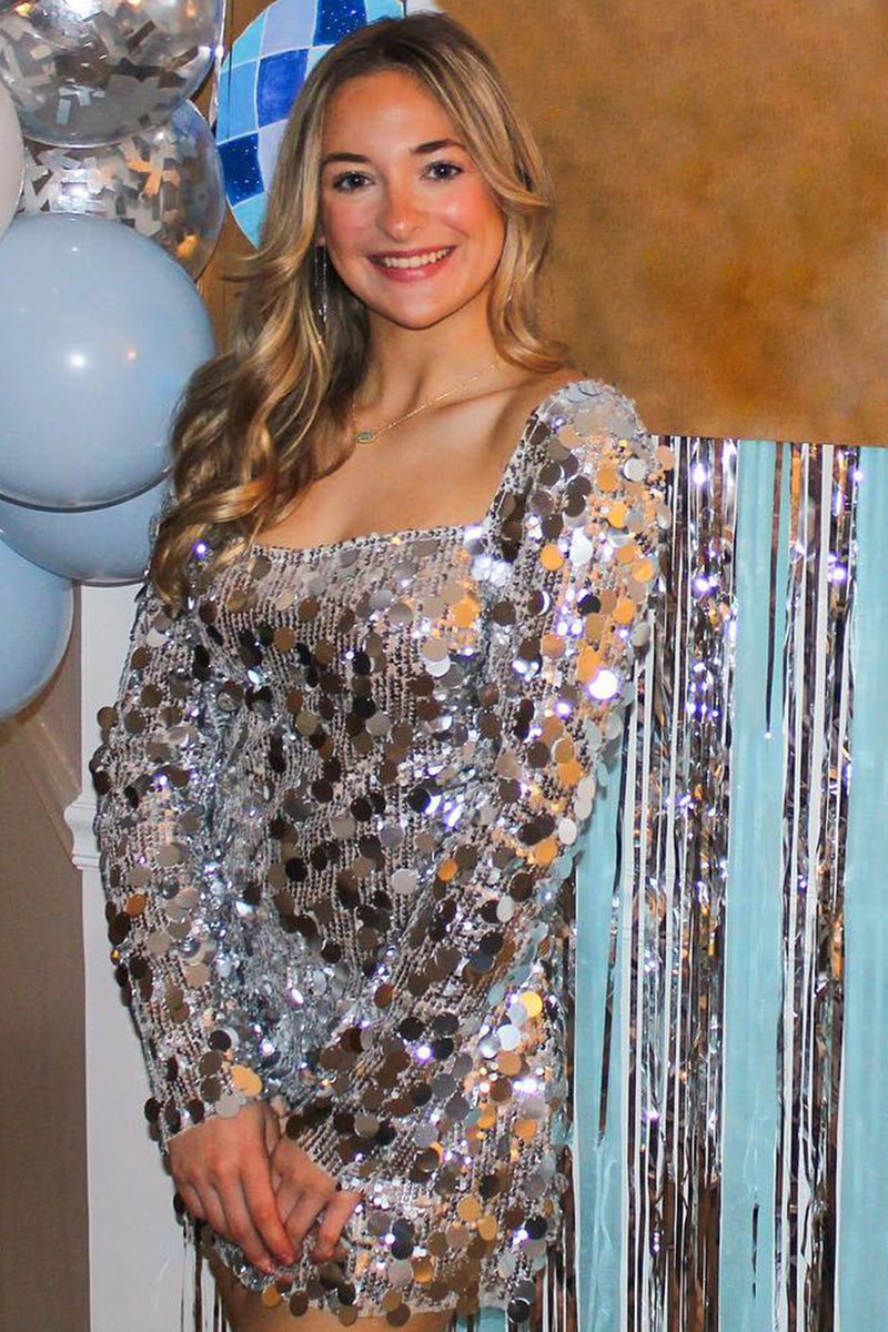 Load image into Gallery viewer, Silver Square Neck Mirror Homecoming Dress with Long Sleeves