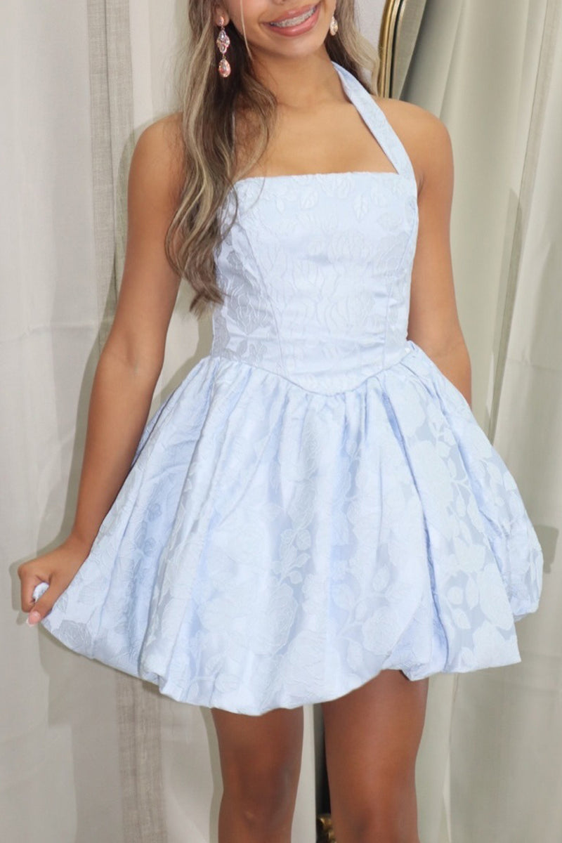 Load image into Gallery viewer, Floral Blue Halter A Line Short Homecoming Dress