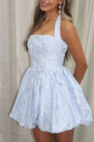 Load image into Gallery viewer, Floral Blue Halter A Line Short Homecoming Dress