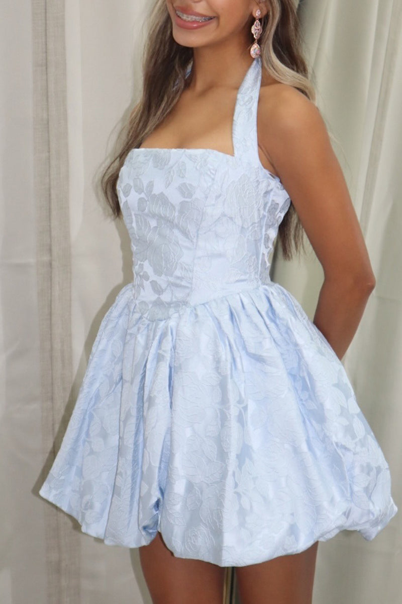 Load image into Gallery viewer, Floral Blue Halter A Line Short Homecoming Dress