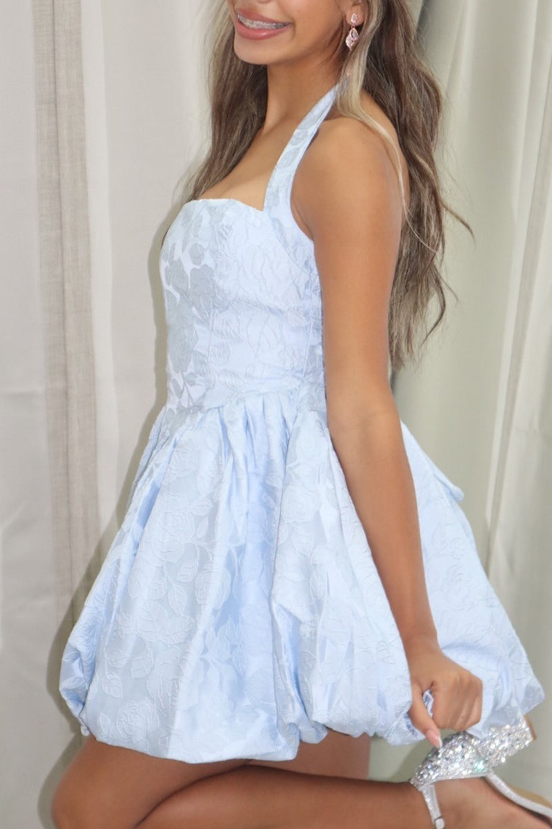 Load image into Gallery viewer, Floral Blue Halter A Line Short Homecoming Dress