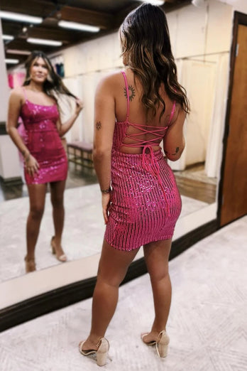 Fuchsia Spagehetti Straps Bodycon Homecoming Dress with Sequins
