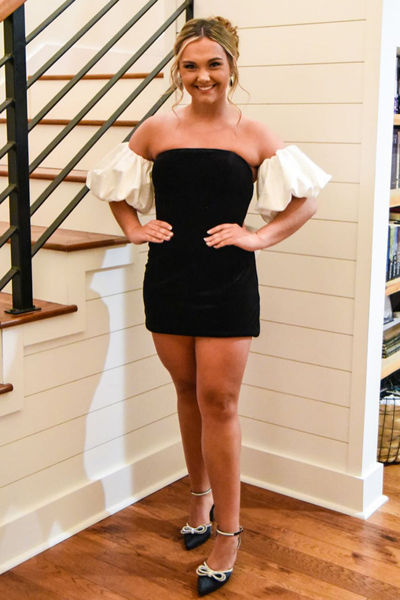 Load image into Gallery viewer, Black Off The Shoulder Bodycon Homecoming Dress