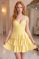 Load image into Gallery viewer, Sparkly Yellow Tiered Short Corset Homecoming Dress with Ruffles