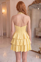 Load image into Gallery viewer, Sparkly Yellow Tiered Short Corset Homecoming Dress with Ruffles
