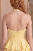 Load image into Gallery viewer, Sparkly Yellow Tiered Short Corset Homecoming Dress with Ruffles