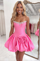 Load image into Gallery viewer, Sparkly Pink Beaded Short Corset Homecoming Dress with Flower