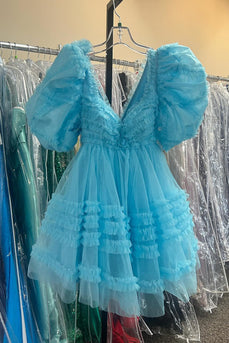A-Line Blue Ruffled Tull Homecoming Dress with Puff Sleeves