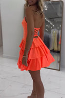 Load image into Gallery viewer, Sparkly Orange Tiered Keyhole Short Homecoming Dress with Ruffles