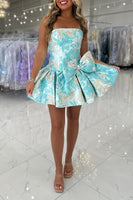Load image into Gallery viewer, Floral Turquoise A Line Short Strapless Homecoming Dress with Bow