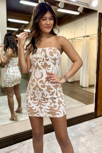 Champagne Spagehetti Straps Bodycon Homecoming Dress with Appliques