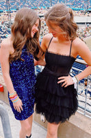 Load image into Gallery viewer, A-Line Black Spaghetti Straps Tiered Tull Homecoming Dress