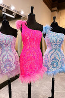 Load image into Gallery viewer, One Shoulder Pink Bodycon Sequined Homecoming Dress with Feather