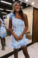 Load image into Gallery viewer, One Shoulder Pink Bodycon Sequined Homecoming Dress with Feather