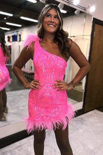 One Shoulder Pink Bodycon Sequined Homecoming Dress with Feather