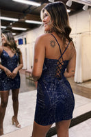 Load image into Gallery viewer, Sparkly Spagehetti Straps Navy Bodycon Homecoming Dress with Sequins
