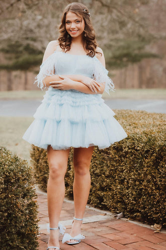 Blue A-Line Spaghetti Straps Tiered Tull Homecoming Dress