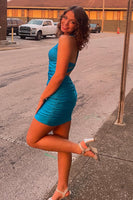 Load image into Gallery viewer, Blue Scoop Neck Bodycon Ruched Homecoming Dress