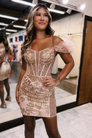 Load image into Gallery viewer, Rose Gold Spagehetti Straps Corset Homecoming Dress with Beading and Feather