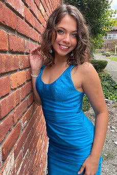 Blue Scoop Neck Bodycon Ruched Homecoming Dress