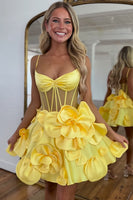 Load image into Gallery viewer, Yellow A-Line Spaghetti Straps Corset Homecoming Dress with 3D Flowers