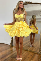 Load image into Gallery viewer, Yellow A-Line Spaghetti Straps Corset Homecoming Dress with 3D Flowers