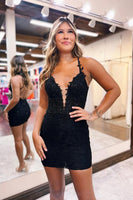Load image into Gallery viewer, Spagehetti Straps Black Bodycon Homecoming Dress with Lace