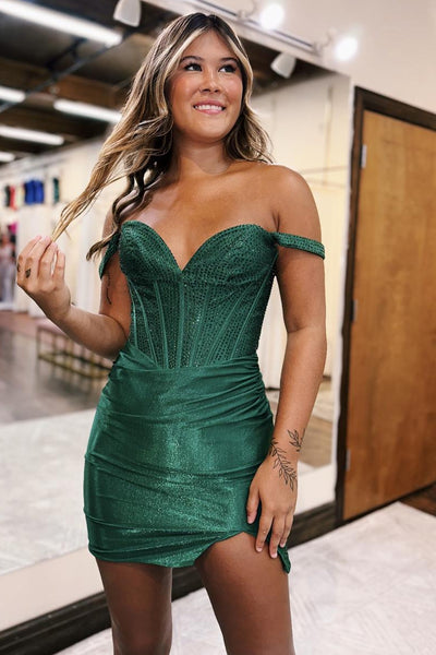 Sparkly Dark Green Off The Shoulder Corset Homecoming Dress with Beading