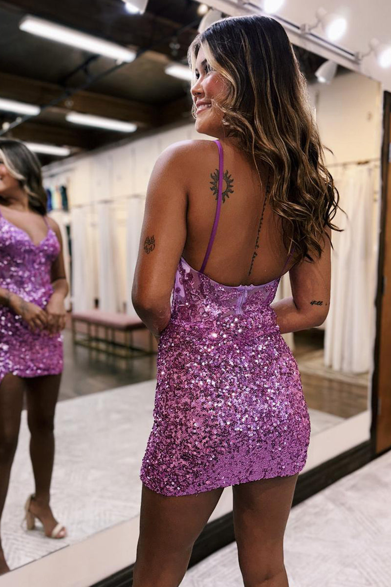 Load image into Gallery viewer, Glitter Lilac Spaghetti Straps Corset Sequined Homecoming Dress with Appliques