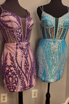 Sparkly Blue Spaghetti Straps Bodycon Corset Homecoming Dress with Sequins