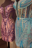 Load image into Gallery viewer, Sparkly Blue Spaghetti Straps Bodycon Corset Homecoming Dress with Sequins